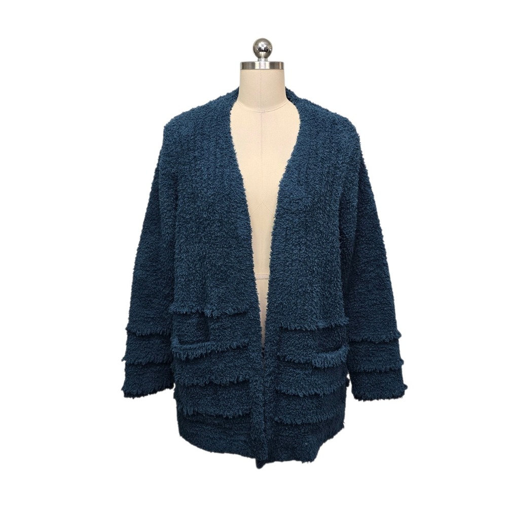 Barefoot Dreams CozyChic Cardigan Ocean Blue Tiered Fringe Open Front Size Large
